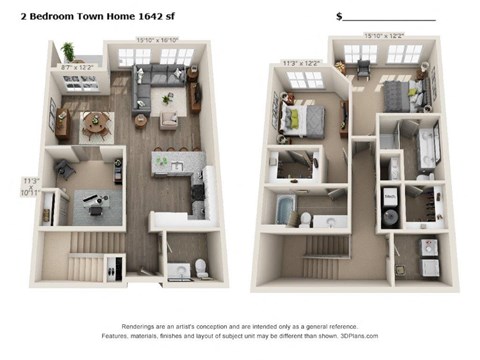 Floor plan for 2 beds, 2.5 baths, 1642 sqft